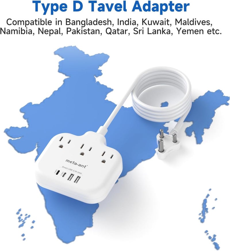 meta-ant US to India Plug Adapter, India Power Adapter with 3 American Outlets 4 USB Charger Ports(2 USB C), 5FT India Extension Cord, Type D Travel Adapter for USA to India Bangladesh Maldives Nepal - Image 2